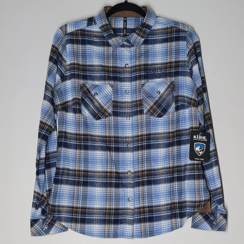 NWT Kuhl Shirt Womens M Blue Plaid Flannel Samuel Adams Embroidery 8457